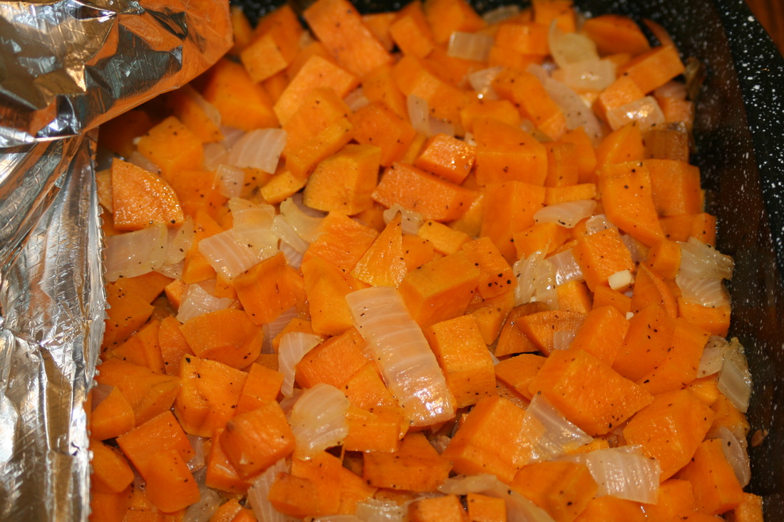 Sweet Potatoes (Yams), Onion, & Garlic- A Gluten-Free, Dairy-Free, Egg-Free Recipe (to grill, broil or bake!)
