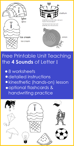 Free Printable Unit Teaching the 4 Sounds of Letter i: worksheets, kinesthetic / hands-on lesson, flashcards, handwriting practice for homeschool, preschool, kindergarten, first grade