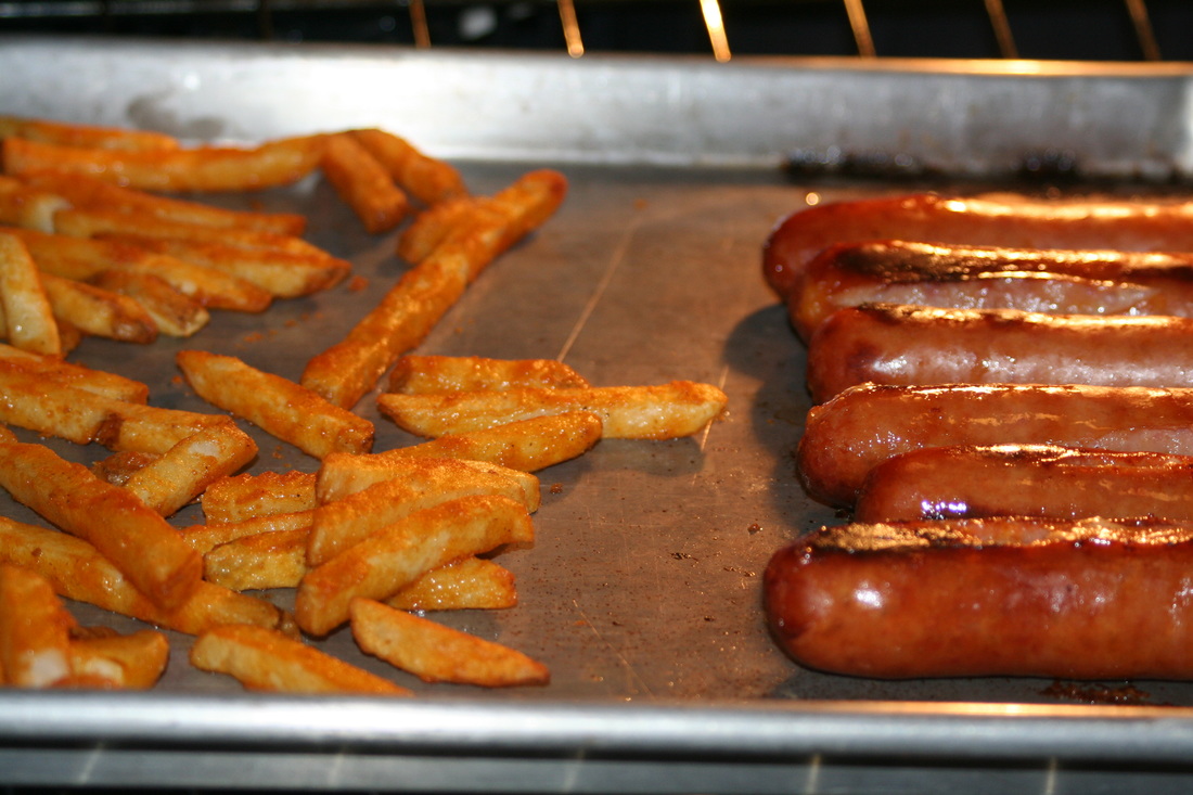 Hot dog, brat, polish sausage & french fries- a Gluten, Dairy, Egg Free meal idea