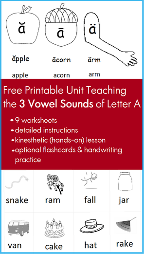 Free Printable Unit Teaching 3 Vowel Sounds of Letter A: homeschool, preschool, kindergarten, first grade, phonemic awareness, flash cards, worksheets, kinesthetic / hands-on lesson, handwriting practice