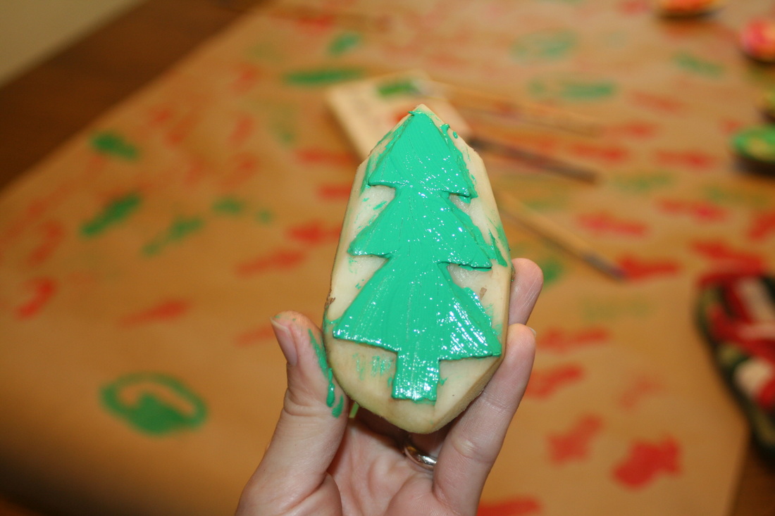 Potato Prints: A Carving, Painting, Stamping Project to make Wrapping Paper or Cards for Christmas or other Occasions